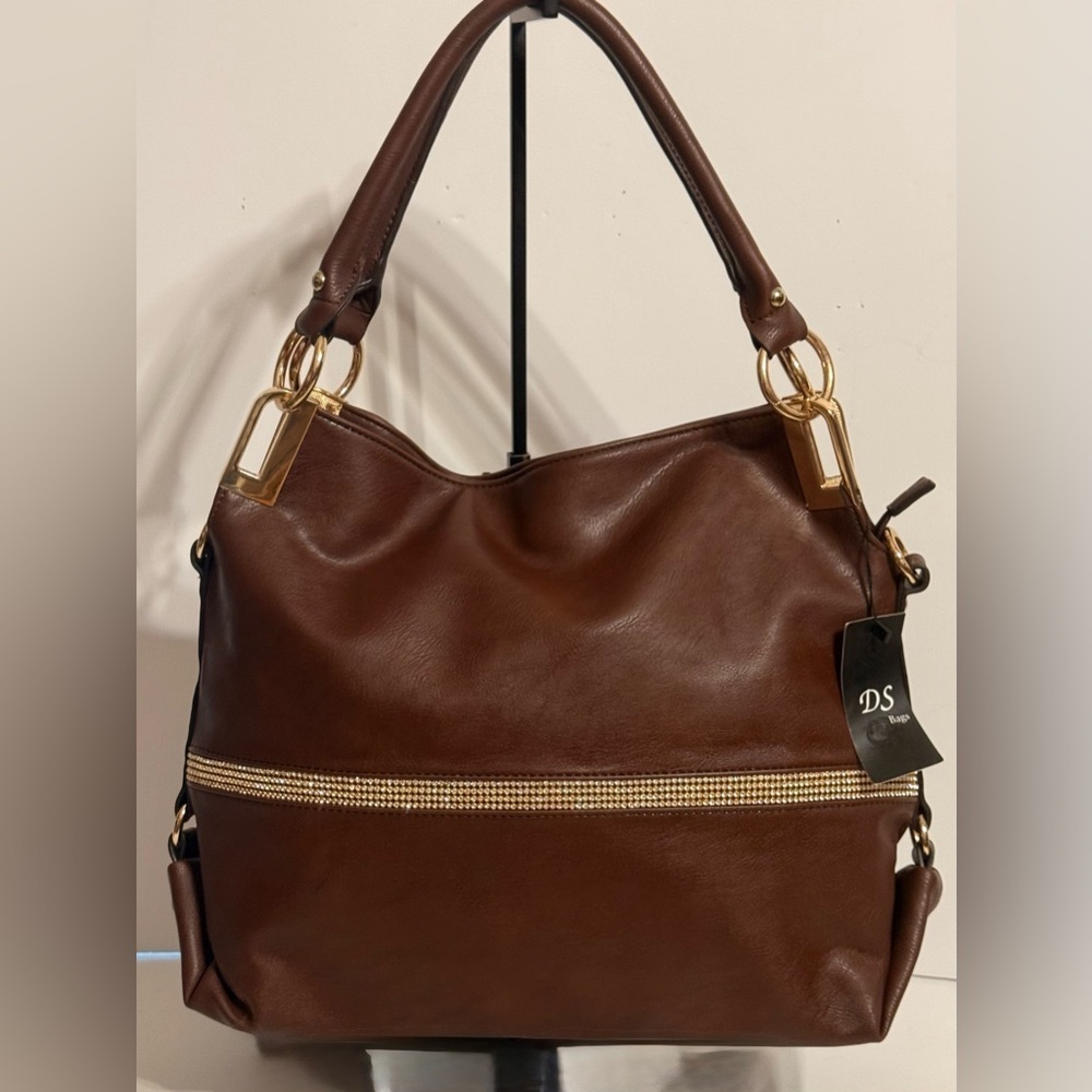 DS NWT Hobo Shoulder Bag Large Rhinestones Bling Gold Hardware Color Coffee
